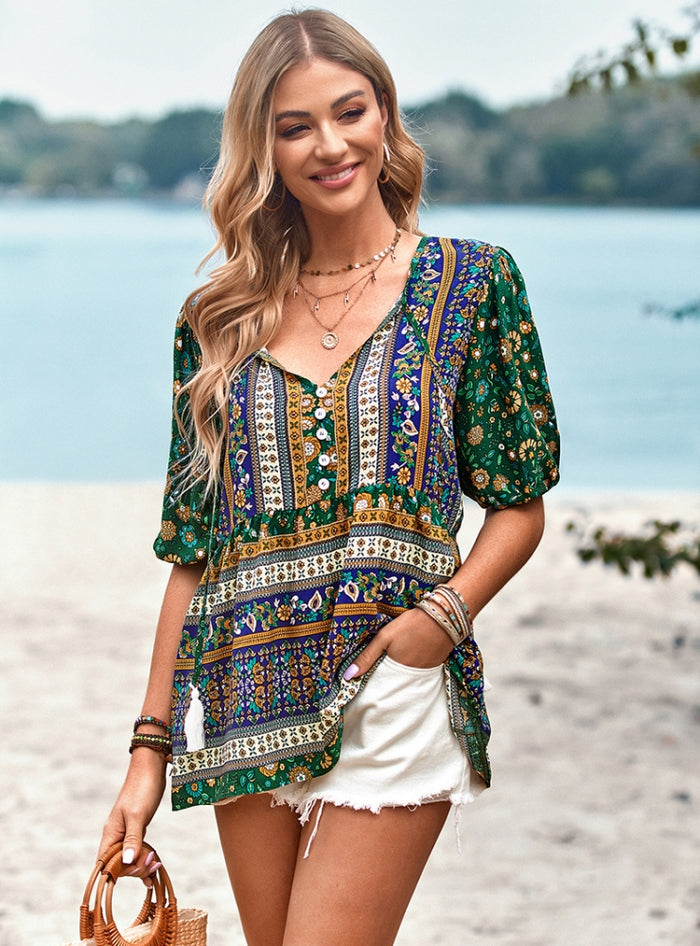 V-neck Short Sleeve Printed Shirt