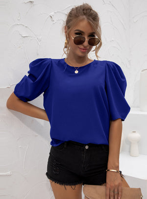 Scoop Neck Bubble Sleeve Solid Color Chiffon Top