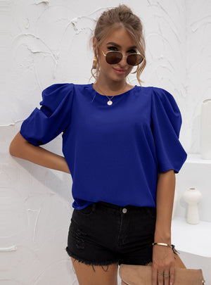 Scoop Neck Bubble Sleeve Solid Color Chiffon Top