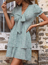 Printed Cake Skirt Bow V-neck Dress