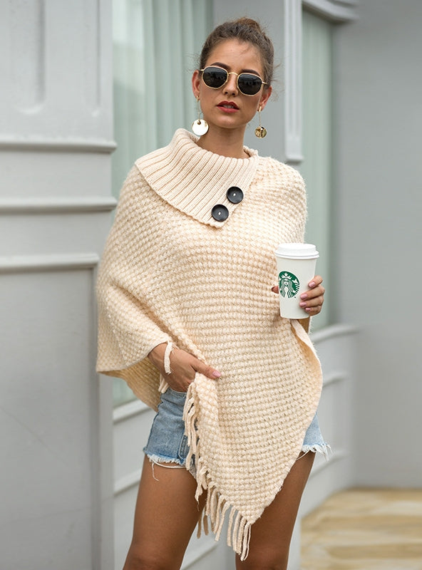 Fringe Button Half Collar Pullover Cape Shawl