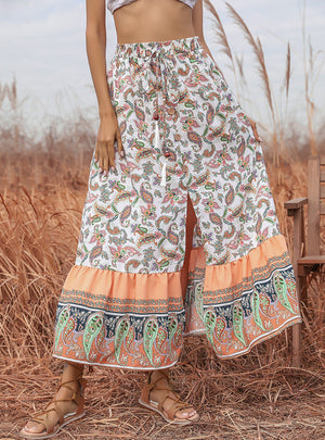 Slim Print Lace-up Split Skirt