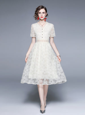 White Lace Summer V-neck Short Sleeve Dress