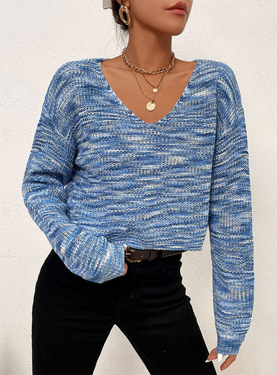 Blue V-neck Knitted Short Gradient Sweater