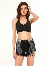 Black High Waist Drill Chain Denim Shorts