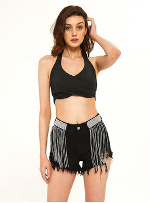 Black High Waist Drill Chain Denim Shorts