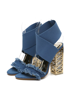 Luxury Metal Square High Heels Denim Sandals