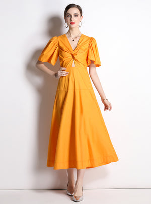 Orange Bubble Sleeve High Waist Dress