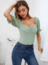 V-neck Slim Bubble Sleeve Short Sleeve T-shirt