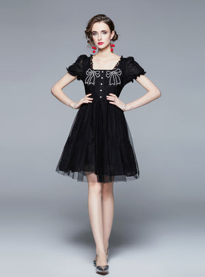 Black Lace Embroidered Bow Short Sleeve Dress