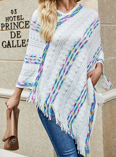 Loose Rainbow Striped Scarf Fringed Cloak Shawl