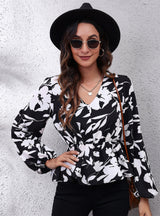 Lantern V-neck Long-sleeved Chiffon Shirt