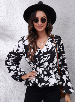 Lantern V-neck Long-sleeved Chiffon Shirt