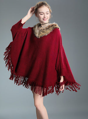 Wool Collar Tassel Bat Sleeve Shawl Cape