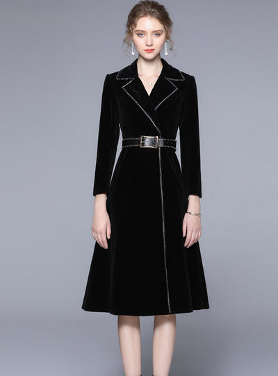 Black Slim Waisted Velvet Coat Jacket