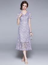 V-neck Fishtail Lace Embroidered Flounce Dress