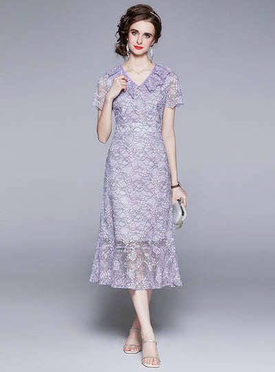 V-neck Fishtail Lace Embroidered Flounce Dress