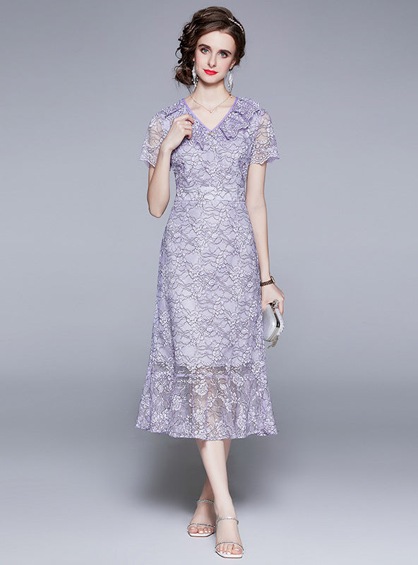 V-neck Fishtail Lace Embroidered Flounce Dress