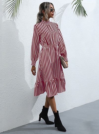 Striped Long Sleeve Red Turtleneck Dress