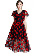 3D Roses Patched Mesh Midi Party Leisure Dress 