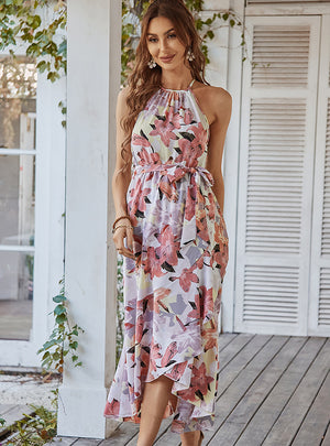 Straps Print Chiffon Halter Dress
