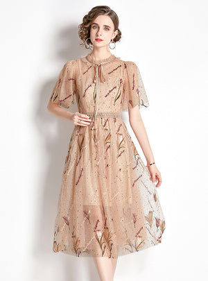 Round Neck Embroidered Lace Gauze Dress
