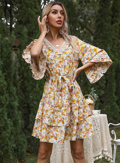 Floral Stitching Lace Flounce Dress