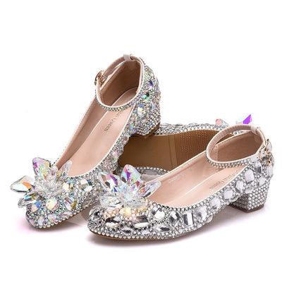 Square Round Head Crystal Flower Wedding Shoes