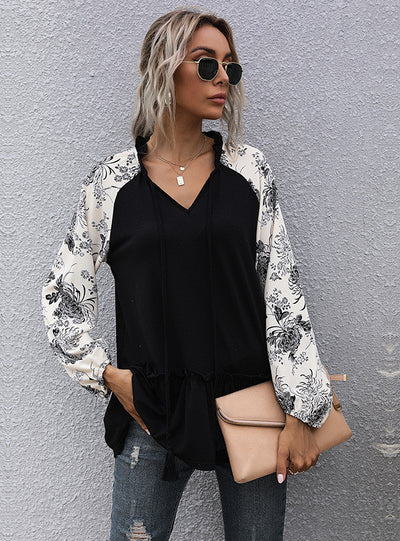 Black V-neck Pullover Long Sleeve Spliced T-shirt