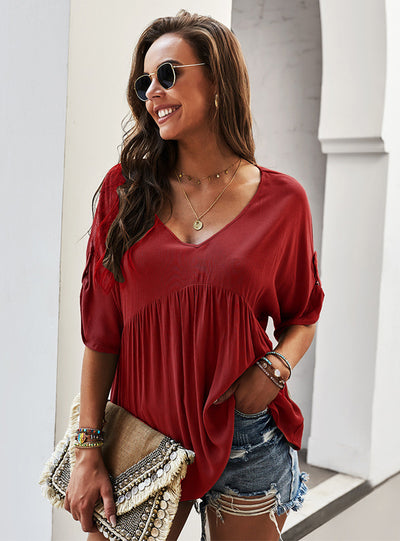 Women's V Neck Solid Volor T-shirt