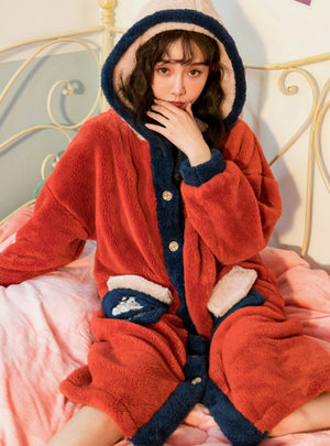 Red Pajamas Women's Thick Coral Fleece Robe Long