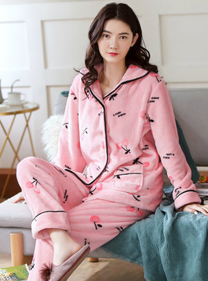Women Light Pink Cherry Long Sleeve Winter Sleepwear