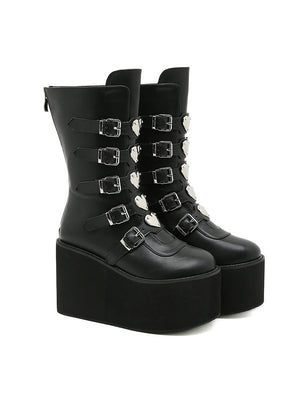Double Row Metal Square Buckle Thick Soled Boots