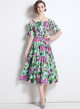 Bellflower Print Elastic Waist Sling Dress