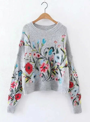 Round Collar Full Sleeve Loose Embroidered Sweater 