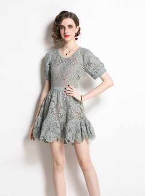 Green Lace Short Sleeve Round Neck Dress