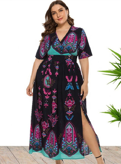 Bohemian Printed Short Sleeve Long Dress
