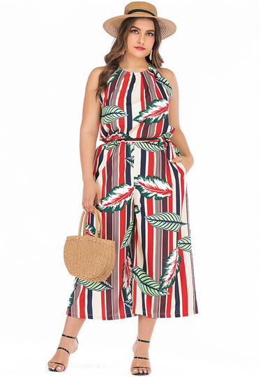 Striped Printed Large Size Tie Round Neck Sleeveless Jumpsuit