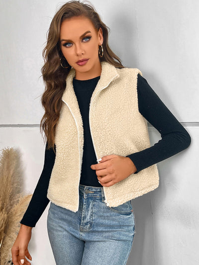 Lapel Zipper Sheep Plush Vest Coat