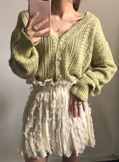 Low V-Neck Knit Tops Long Sleeve Hollow Out Cardigan