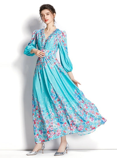 Ruffled Lantern Sleeve Print Dress