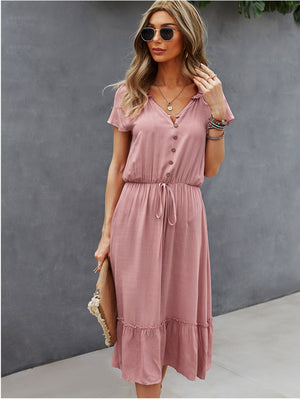 Solid Color V-neck Slim Dress