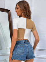 Stitching and Contrasting Knitted Short-sleeved T-shirt Top