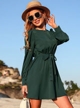 Round Neck Long Sleeve Green Dress