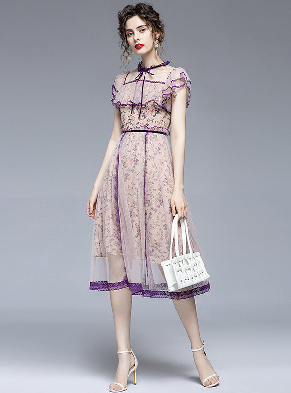 Broken Lace Stitching Gauze Dress