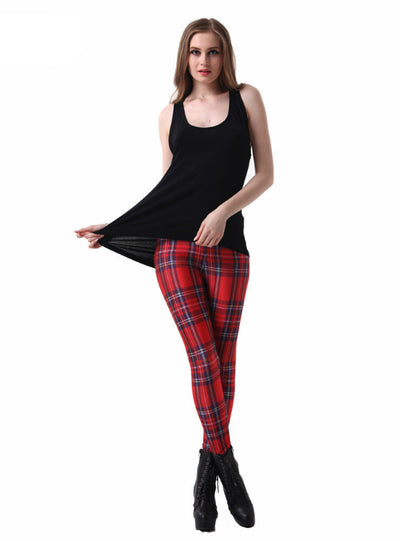 Slim Designed Digital Printed Milk Tartan Red Leggings 