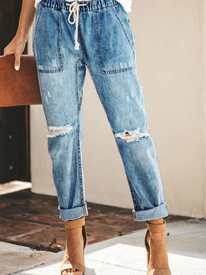 Trousers Elastic Drawstring Holes Jeans