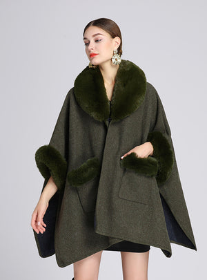 New Fur Collar Shawl Cloak Loose Woolen Coat Cardigan