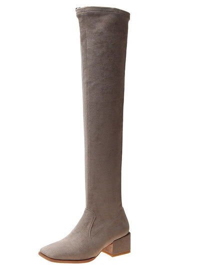 Thick Square-toe Suede Elastic Boots