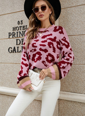 Loose Color Leopard Print Lantern Sleeve Sweater
